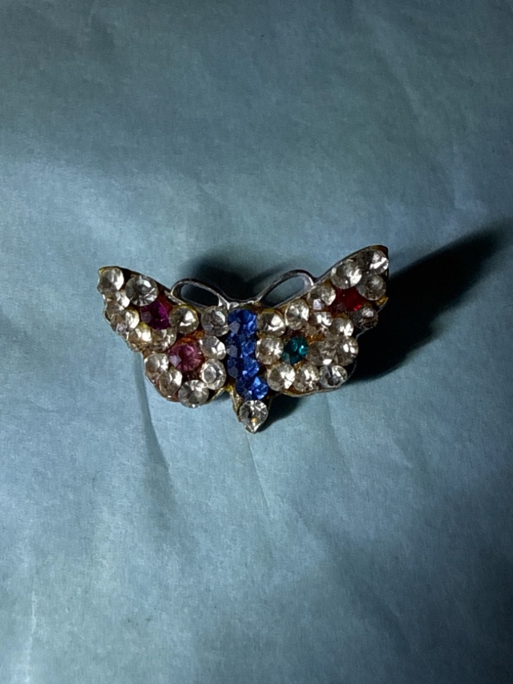 Vintage Rhinestone Butterfly Brooch Multicolor Crystal Silver Tone Pin